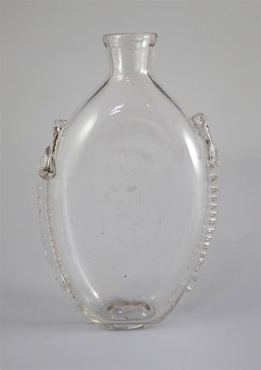 A Georgian glass flattened ovoid flask, 18th century, 18.5cm long